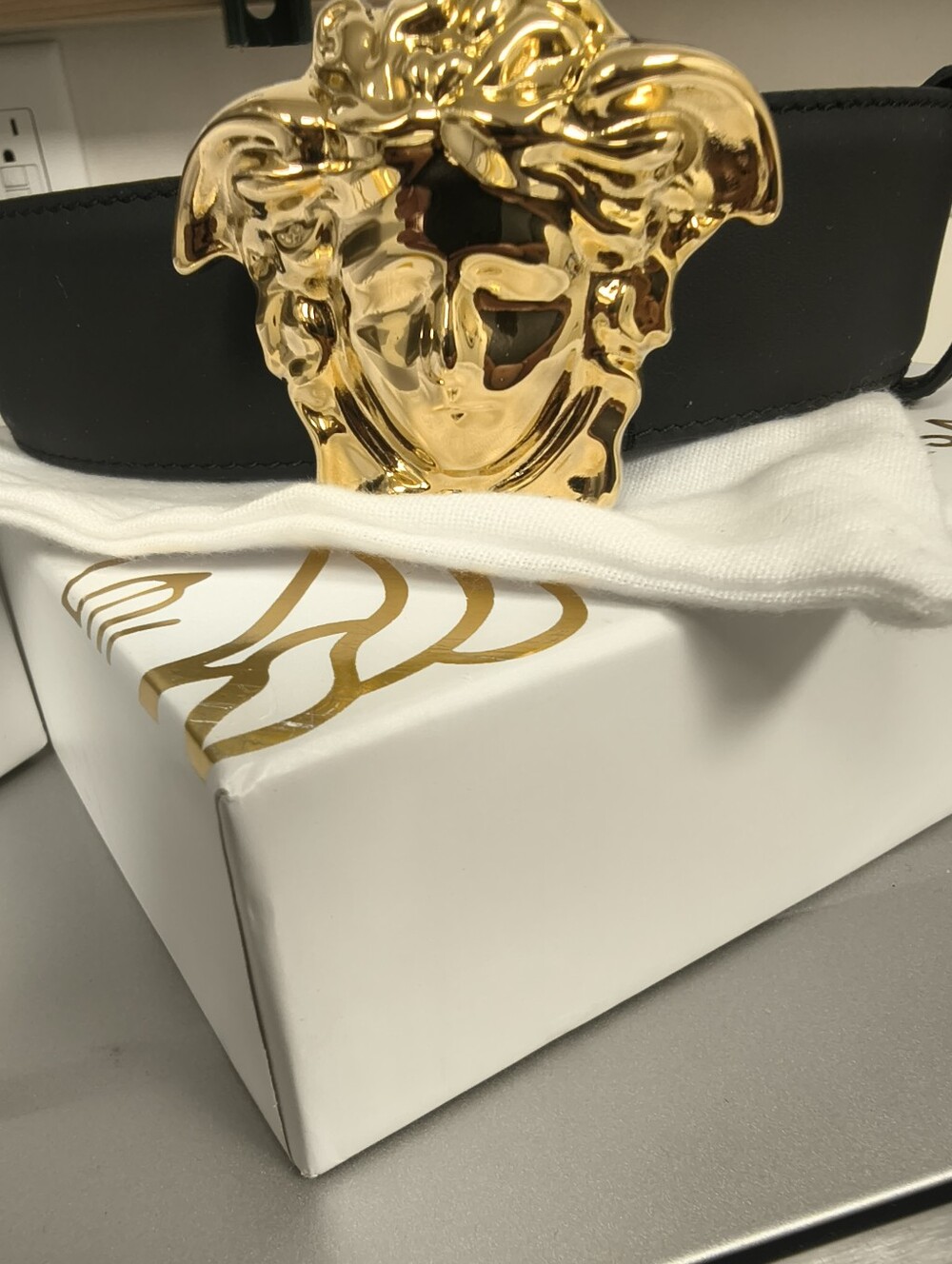 Versace Black Leather Belt with Sculpted Gold Buckle